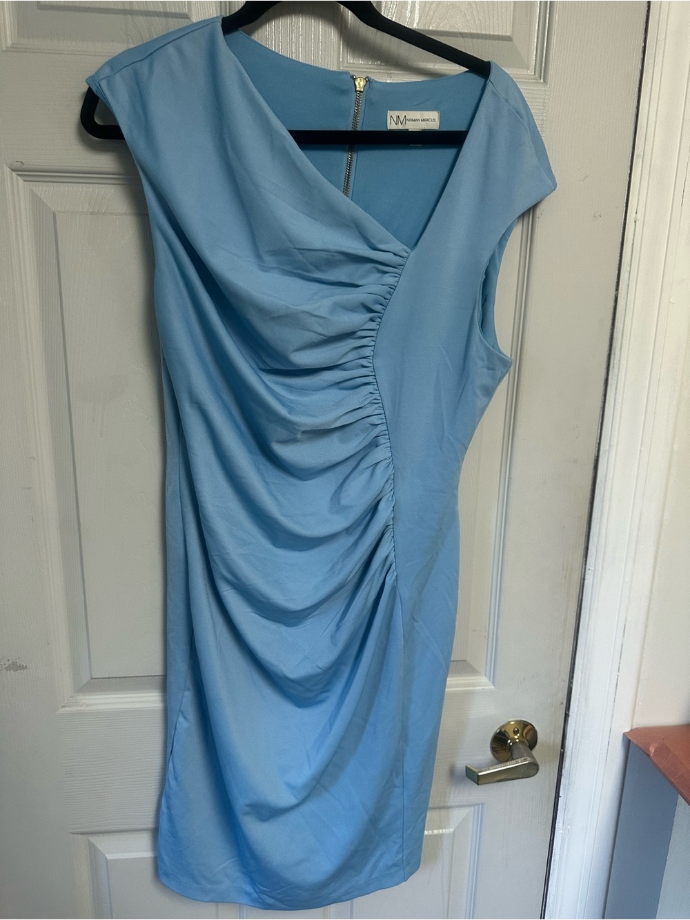 Neiman Marcus Light Blue Ruched V-Neck Midi Dress